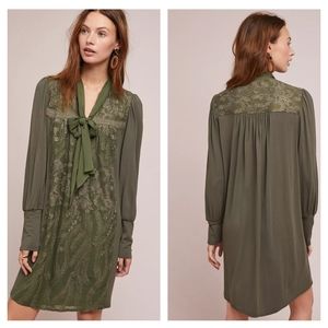 Anthropologie Olive Green Lace-Accent Tie-Neck Dress